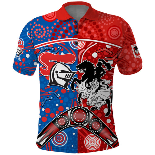 NRL Knights and Dragons Together Polo Shirt Boomerang Indigenous Dots
