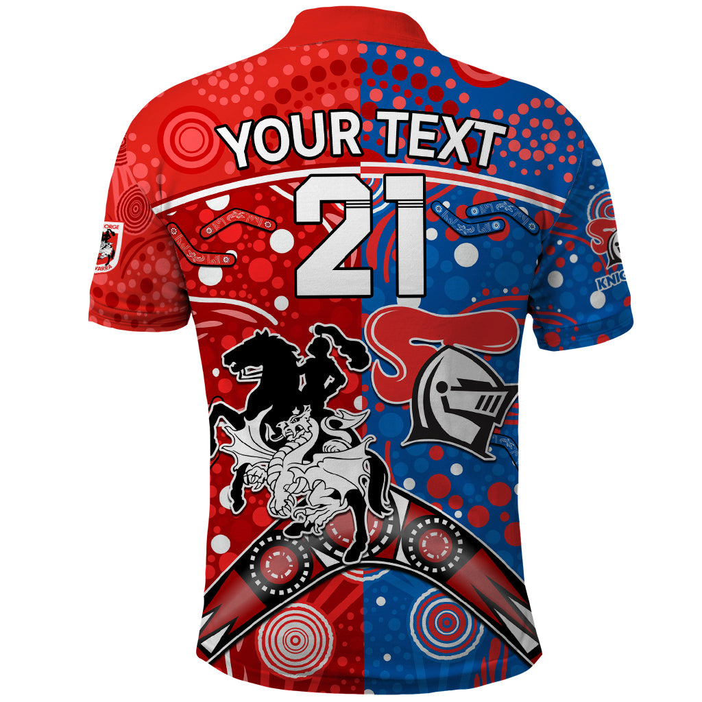 NRL Knights and Dragons Together Polo Shirt Boomerang Indigenous Dots