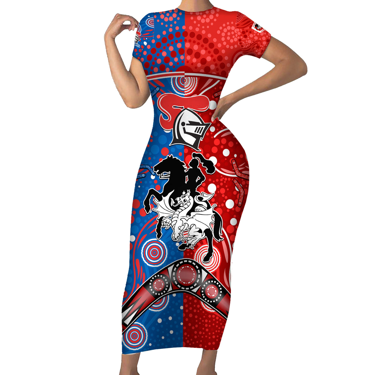 NRL Knights and Dragons Together Short Sleeve Bodycon Dress Boomerang Indigenous Dots