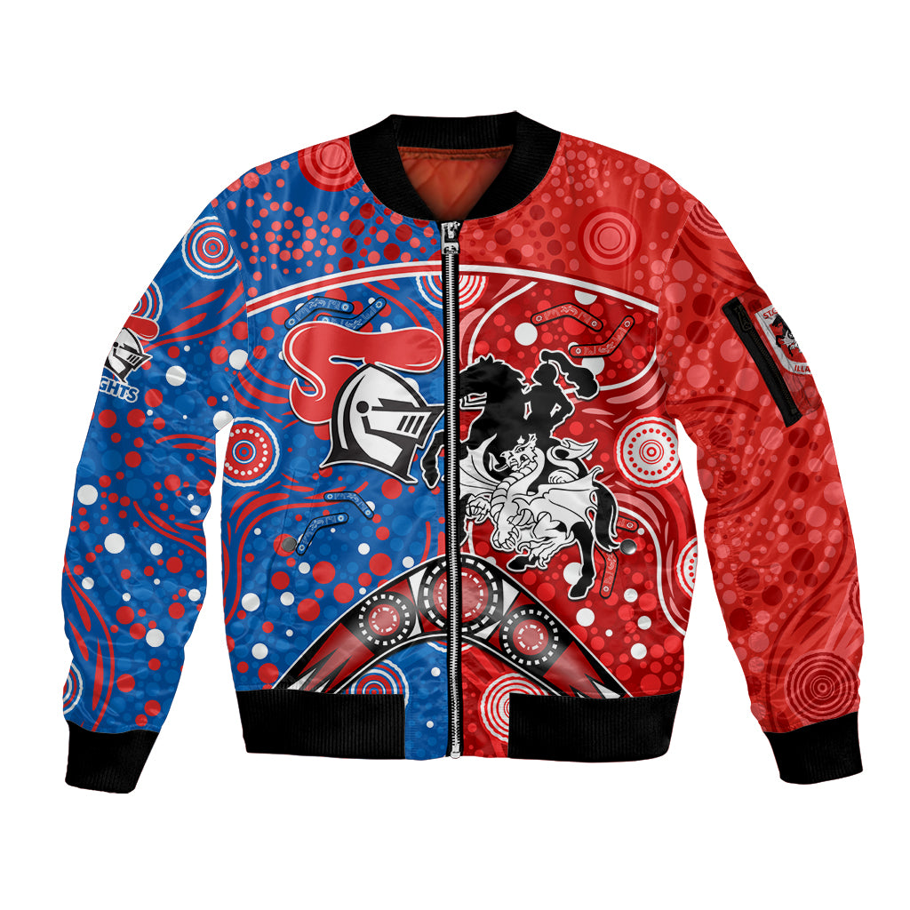 NRL Knights and Dragons Together Sleeve Zip Bomber Jacket Boomerang Indigenous Dots