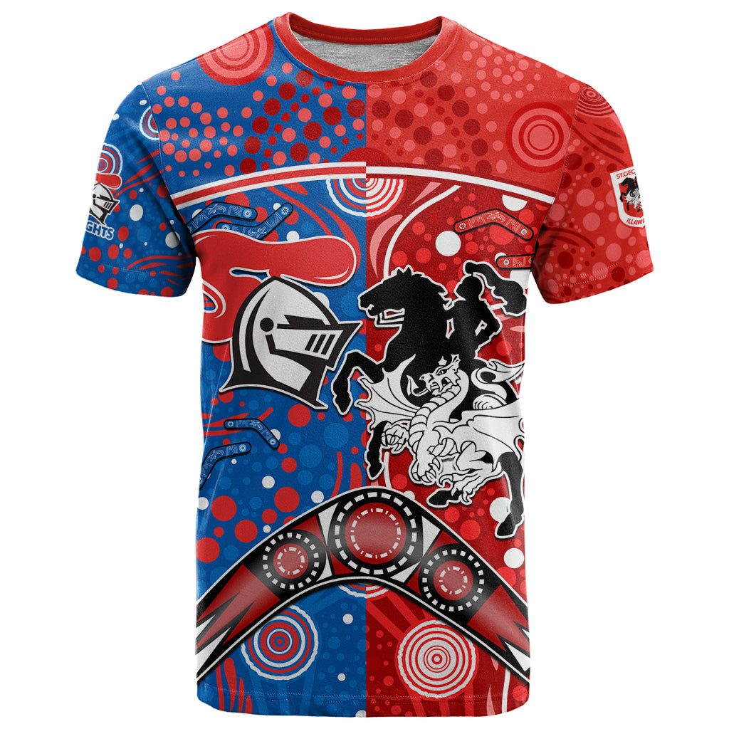 NRL Knights and Dragons Together T Shirt Boomerang Indigenous Dots