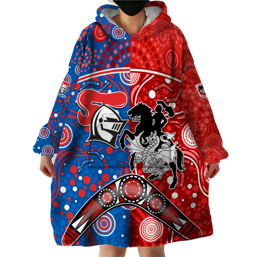 NRL Knights and Dragons Together Wearable Blanket Hoodie Boomerang Indigenous Dots