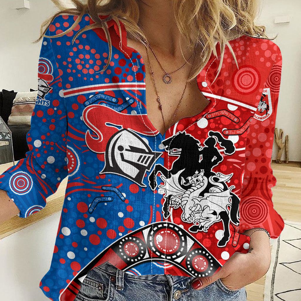 NRL Knights and Dragons Together Women Casual Shirt Boomerang Indigenous Dots