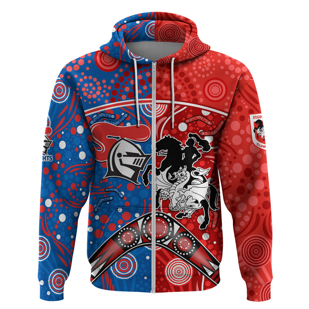 NRL Knights and Dragons Together Zip Hoodie Boomerang Indigenous Dots