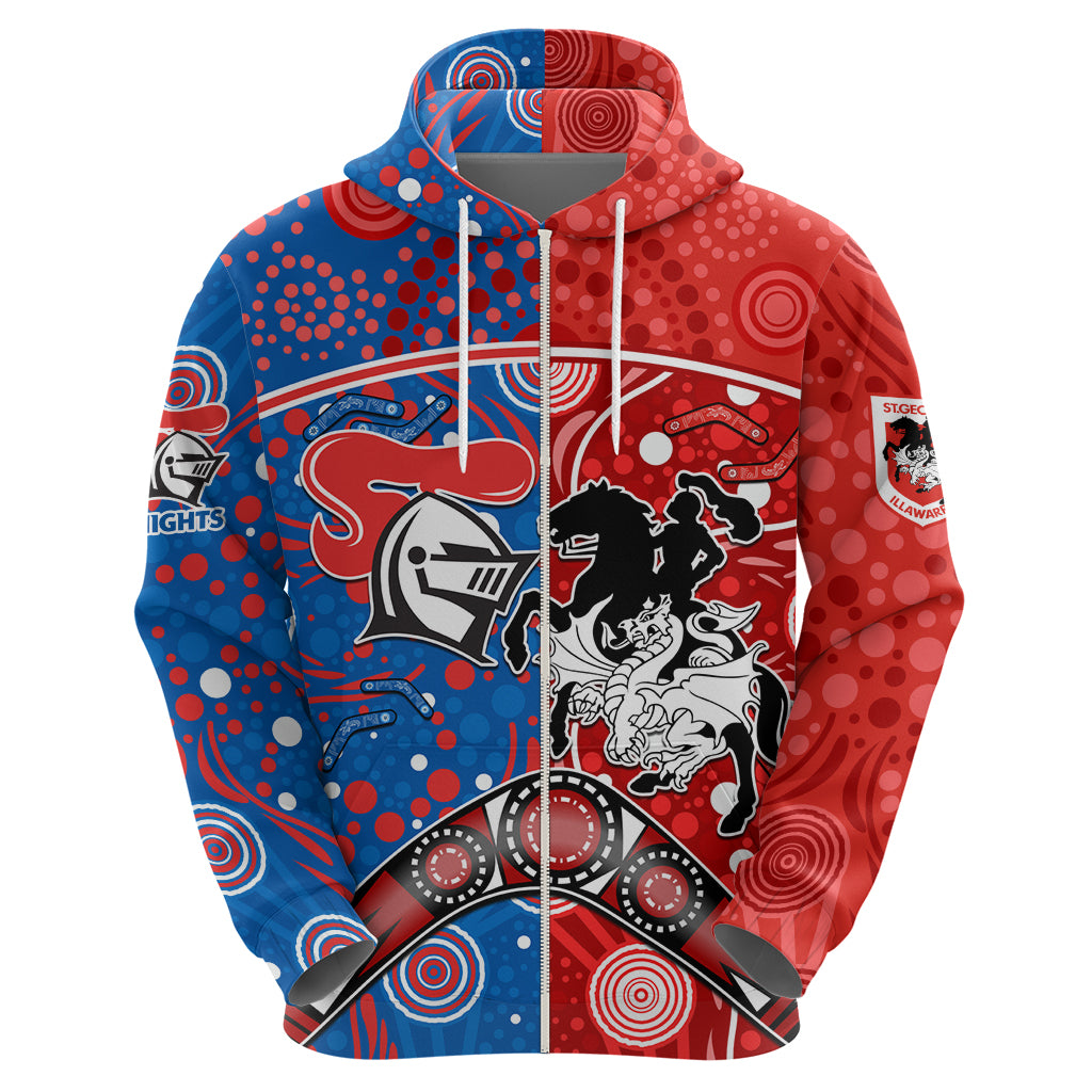 NRL Knights and Dragons Together Zip Hoodie Boomerang Indigenous Dots