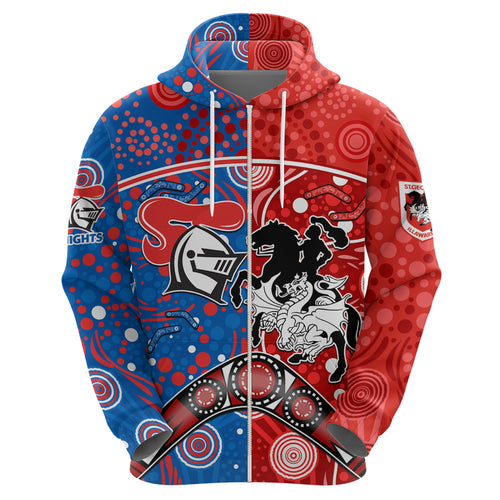 NRL Knights and Dragons Together Zip Hoodie Boomerang Indigenous Dots