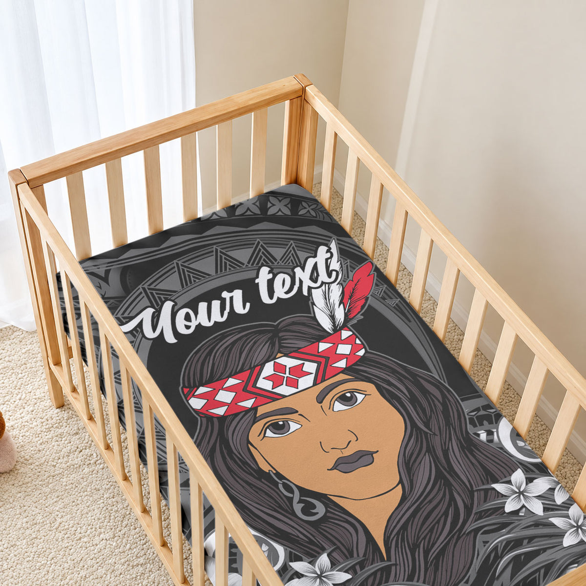 New Zealand Custom Women's Day Baby Bed Cover Maori Girl Feathers of Hope - Black