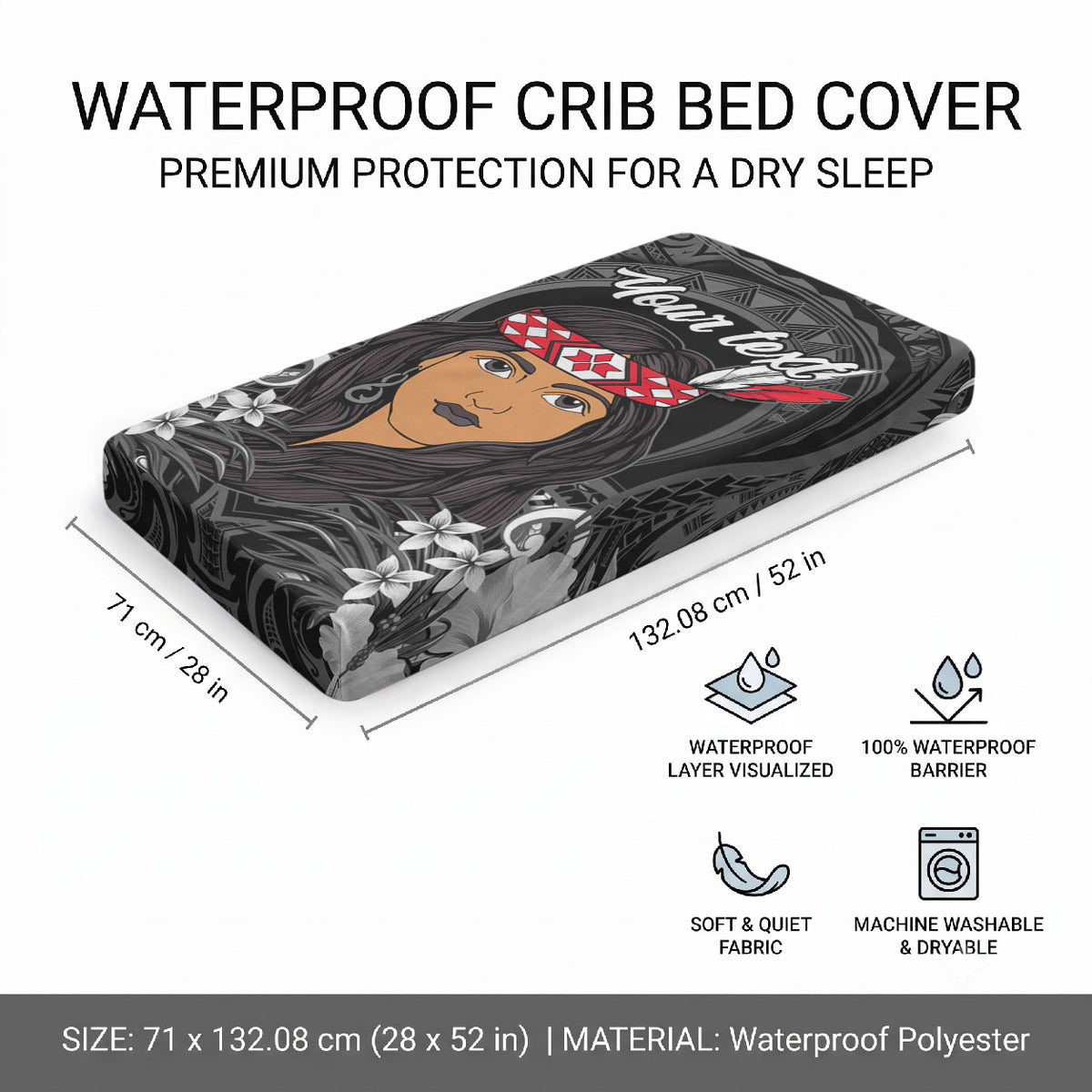 New Zealand Custom Women's Day Baby Bed Cover Maori Girl Feathers of Hope - Black