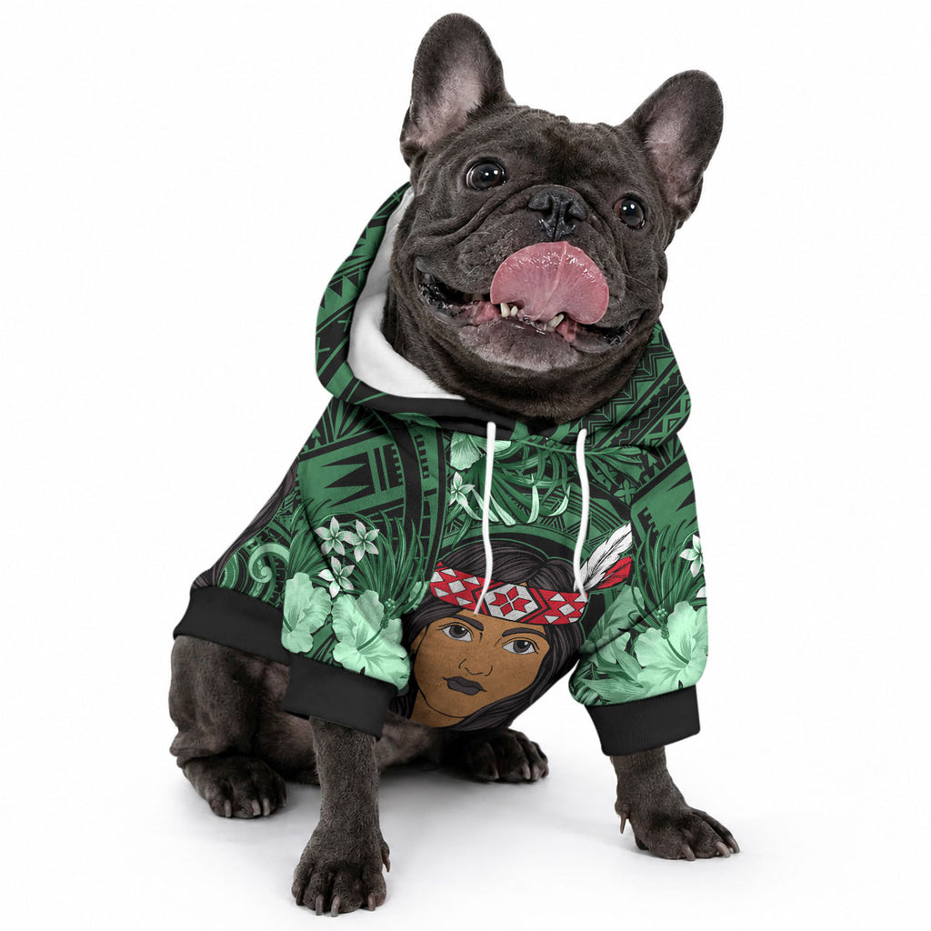 New Zealand Custom Women's Day Pet Hoodie Maori Girl Feathers of Hope - Green