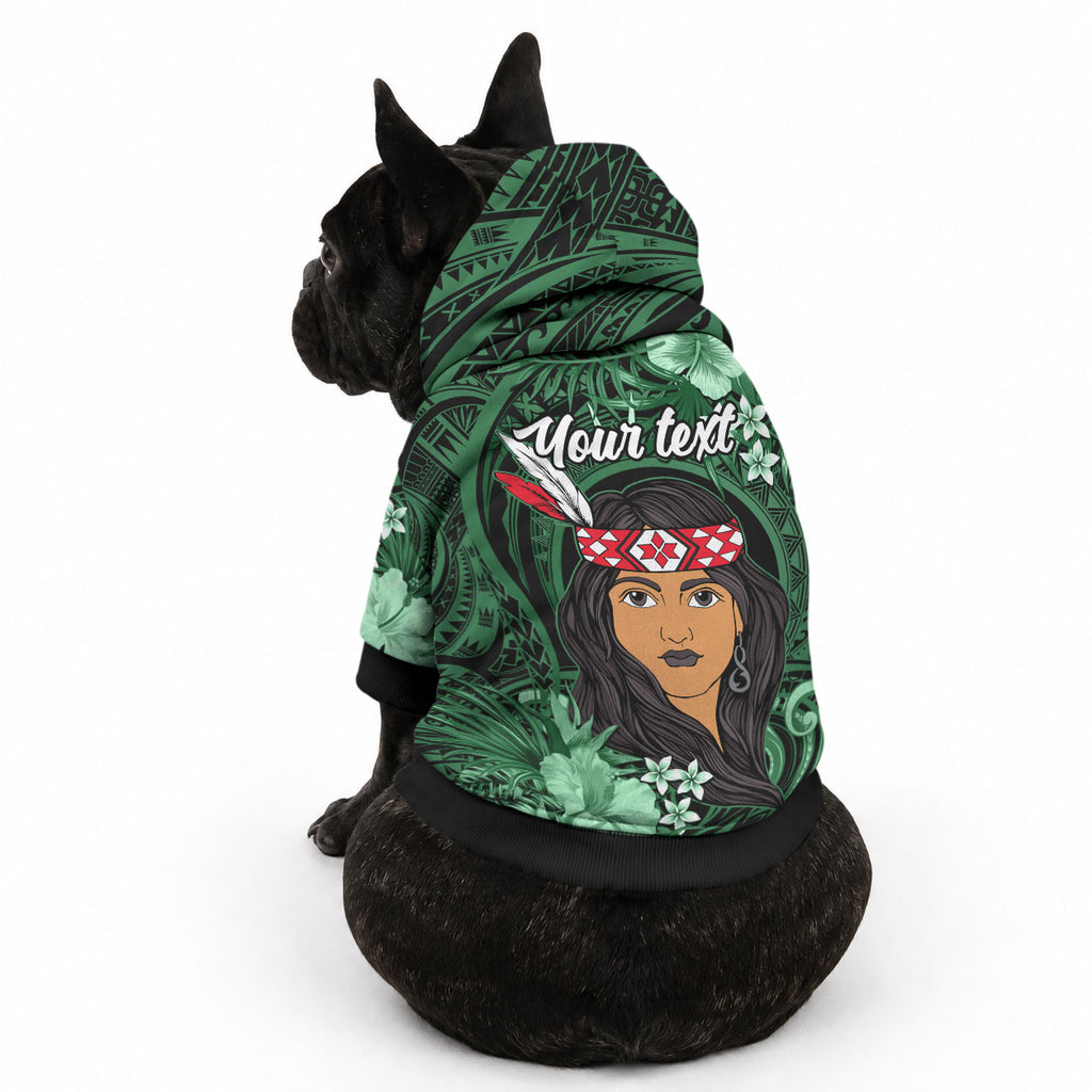 New Zealand Custom Women's Day Pet Hoodie Maori Girl Feathers of Hope - Green