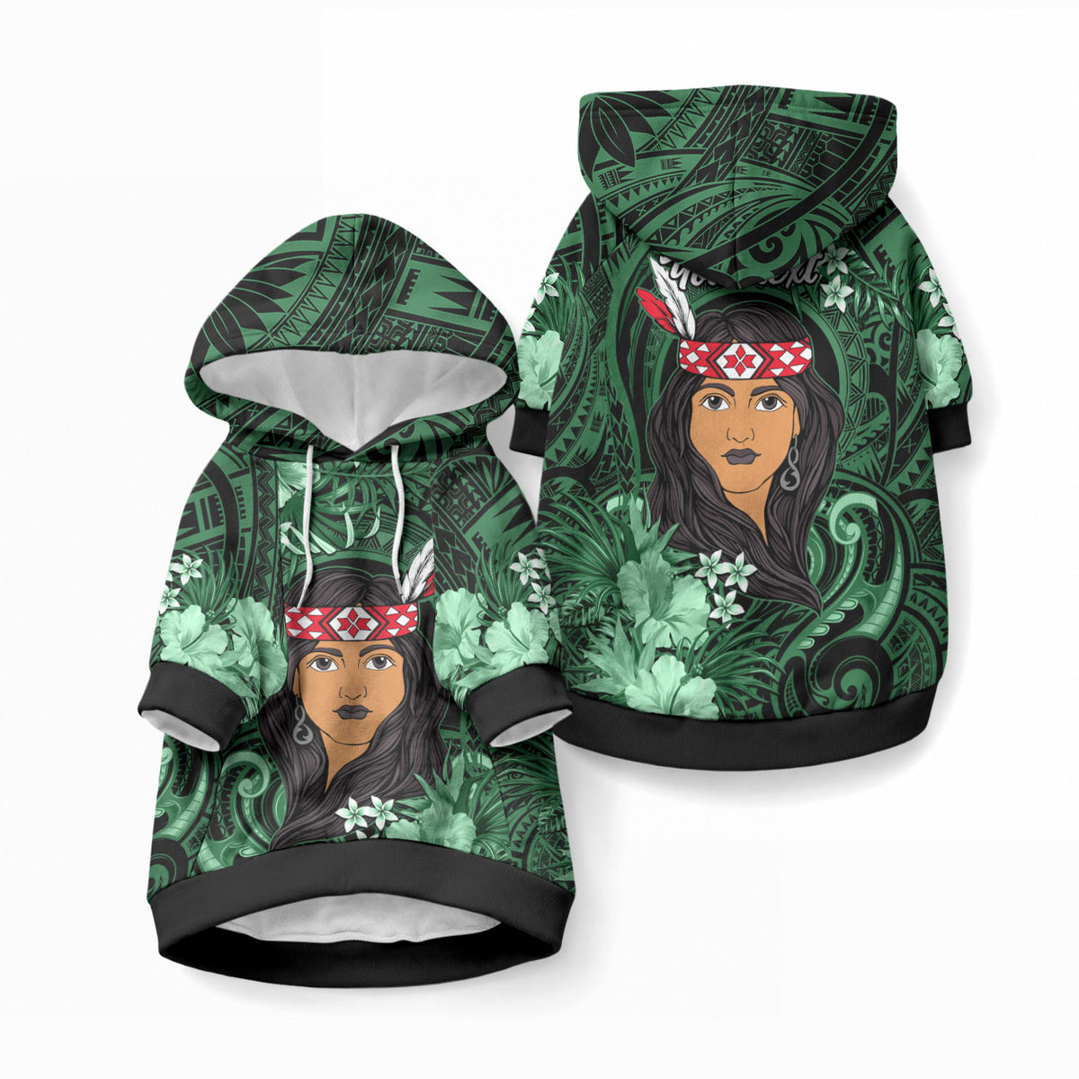 New Zealand Custom Women's Day Pet Hoodie Maori Girl Feathers of Hope - Green