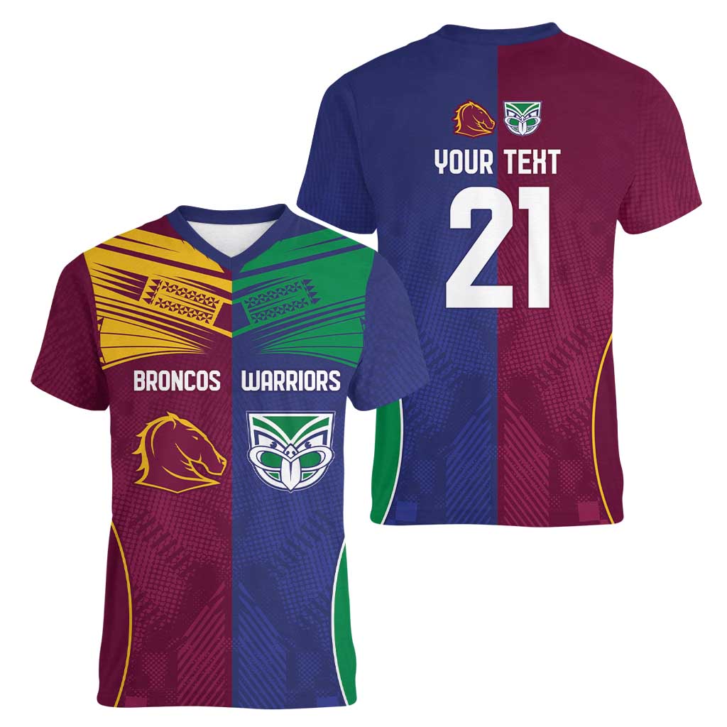 Custom Warriors-Broncos Women V-Neck T-Shirt Together Sporty Style