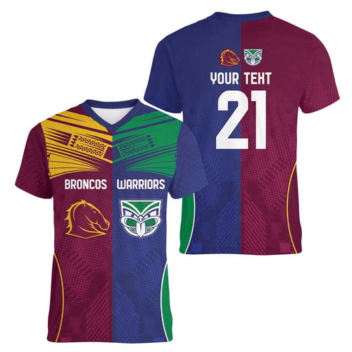 Custom Warriors-Broncos Women V-Neck T-Shirt Together Sporty Style