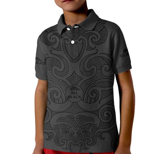 custom-text-and-number-new-zealand-rugby-kid-polo-shirt-all-black-fern-with-maori-tribal-pattern
