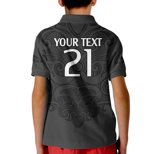 custom-text-and-number-new-zealand-rugby-kid-polo-shirt-all-black-fern-with-maori-tribal-pattern