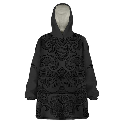 custom-text-and-number-new-zealand-rugby-wearable-blanket-hoodie-all-black-fern-with-maori-tribal-pattern