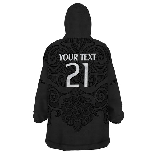 custom-text-and-number-new-zealand-rugby-wearable-blanket-hoodie-all-black-fern-with-maori-tribal-pattern