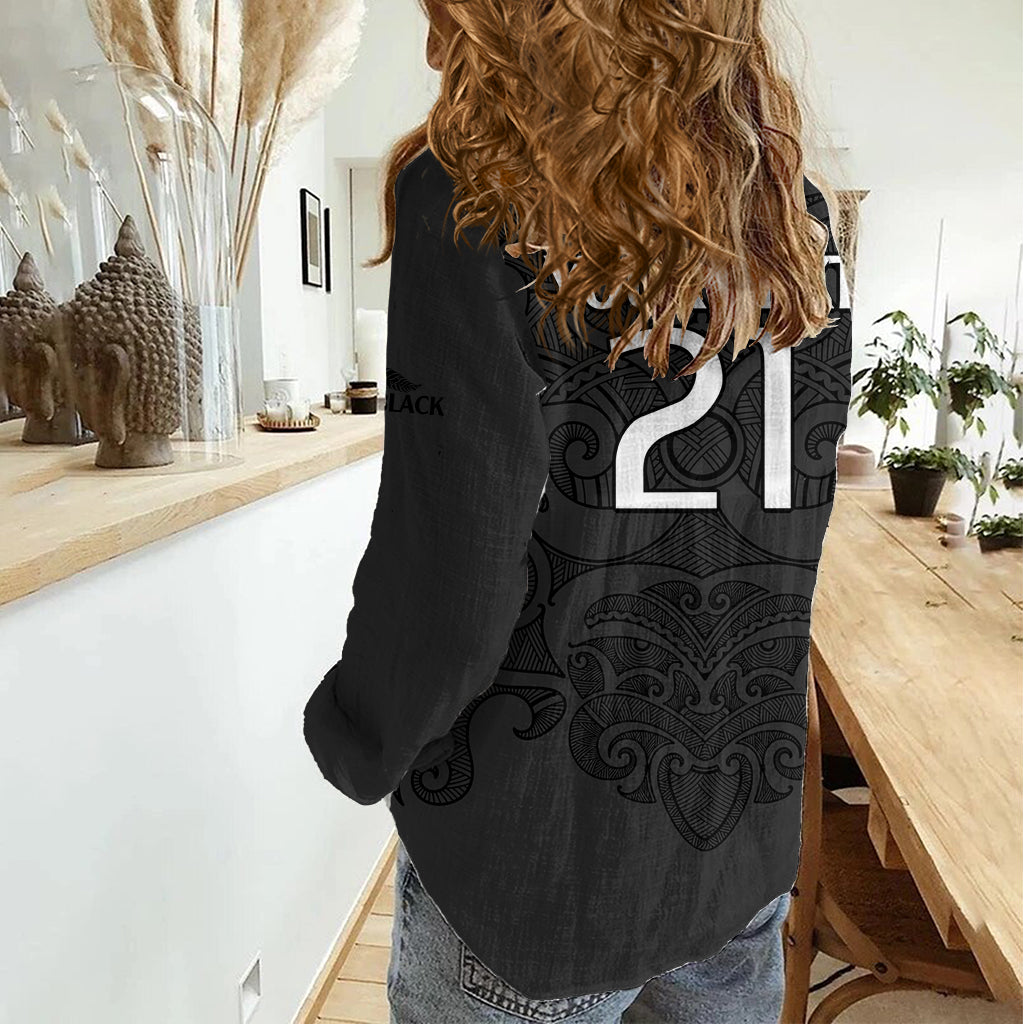 (Custom Text And Number) New Zealand Rugby Women Casual Shirt All Black Fern with Maori Tribal Pattern LT9