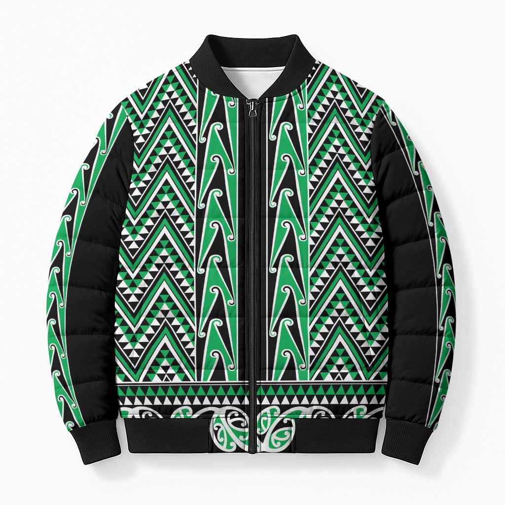 New Zealand Maori Niho Taniwha Bomber Puffer Jacket Kakariki Mangopare and Puhoro Pattern - Aussie Hoodie