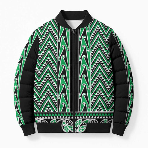 New Zealand Maori Niho Taniwha Bomber Puffer Jacket Kakariki Mangopare and Puhoro Pattern - Aussie Hoodie