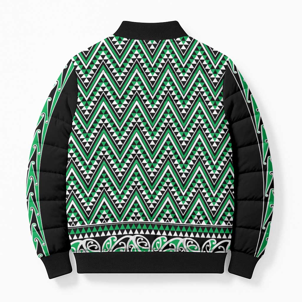 New Zealand Maori Niho Taniwha Bomber Puffer Jacket Kakariki Mangopare and Puhoro Pattern - Aussie Hoodie