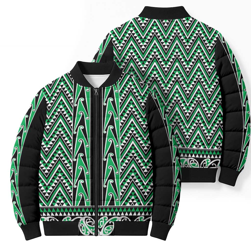 New Zealand Maori Niho Taniwha Bomber Puffer Jacket Kakariki Mangopare and Puhoro Pattern - Aussie Hoodie