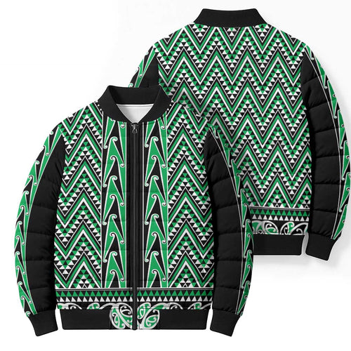 New Zealand Maori Niho Taniwha Bomber Puffer Jacket Kakariki Mangopare and Puhoro Pattern - Aussie Hoodie