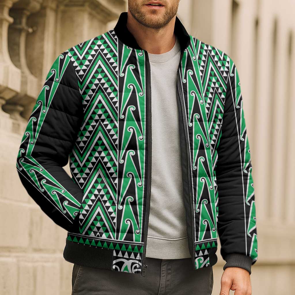New Zealand Maori Niho Taniwha Bomber Puffer Jacket Kakariki Mangopare and Puhoro Pattern - Aussie Hoodie