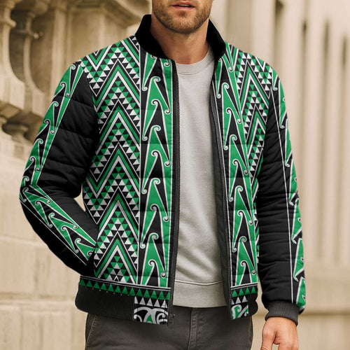 New Zealand Maori Niho Taniwha Bomber Puffer Jacket Kakariki Mangopare and Puhoro Pattern - Aussie Hoodie