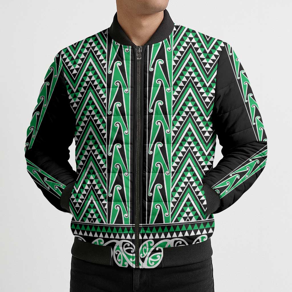 New Zealand Maori Niho Taniwha Bomber Puffer Jacket Kakariki Mangopare and Puhoro Pattern - Aussie Hoodie