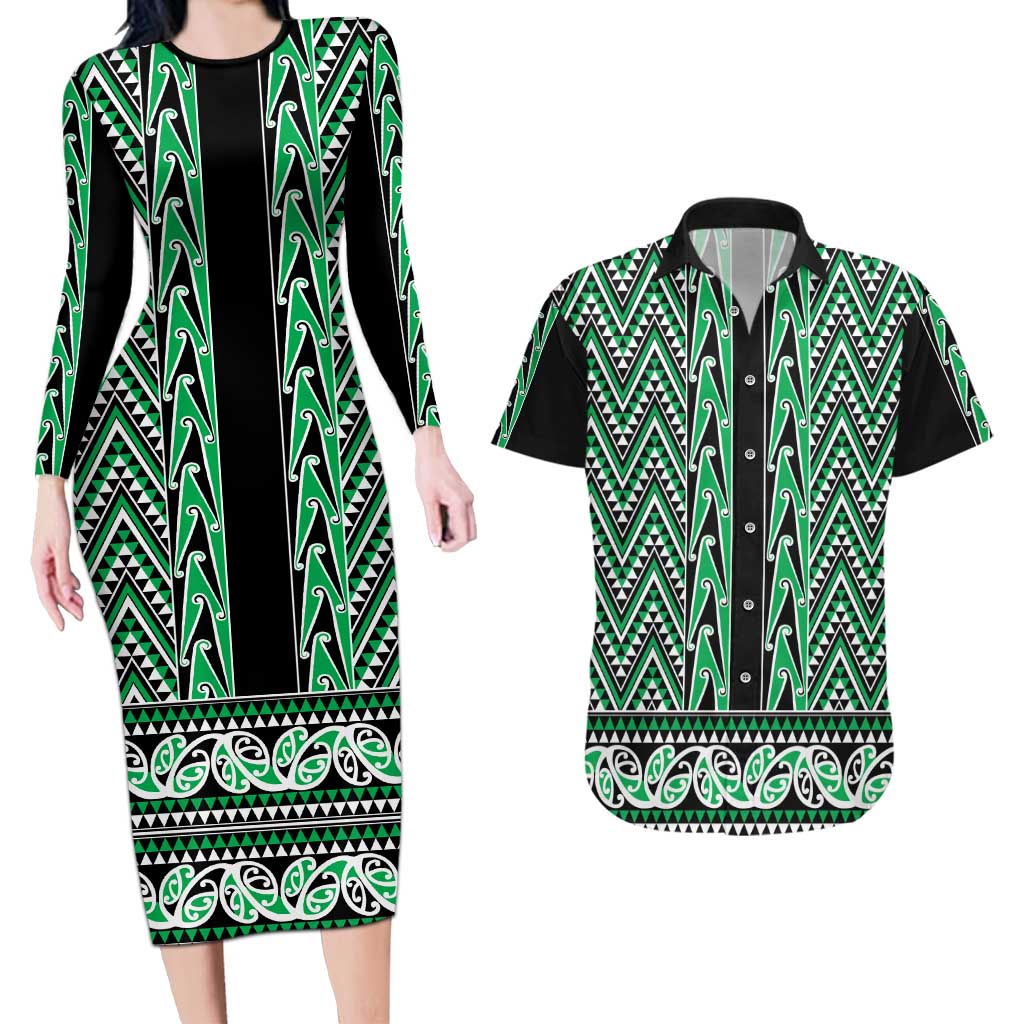 New Zealand Maori Niho Taniwha Couples Matching Long Sleeve Bodycon Dress and Hawaiian Shirt Kakariki Mangopare and Puhoro Pattern