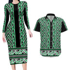 New Zealand Maori Niho Taniwha Couples Matching Long Sleeve Bodycon Dress and Hawaiian Shirt Kakariki Mangopare and Puhoro Pattern