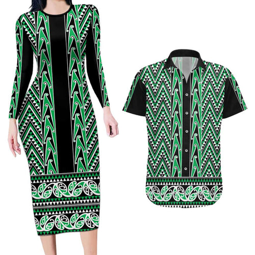 New Zealand Maori Niho Taniwha Couples Matching Long Sleeve Bodycon Dress and Hawaiian Shirt Kakariki Mangopare and Puhoro Pattern