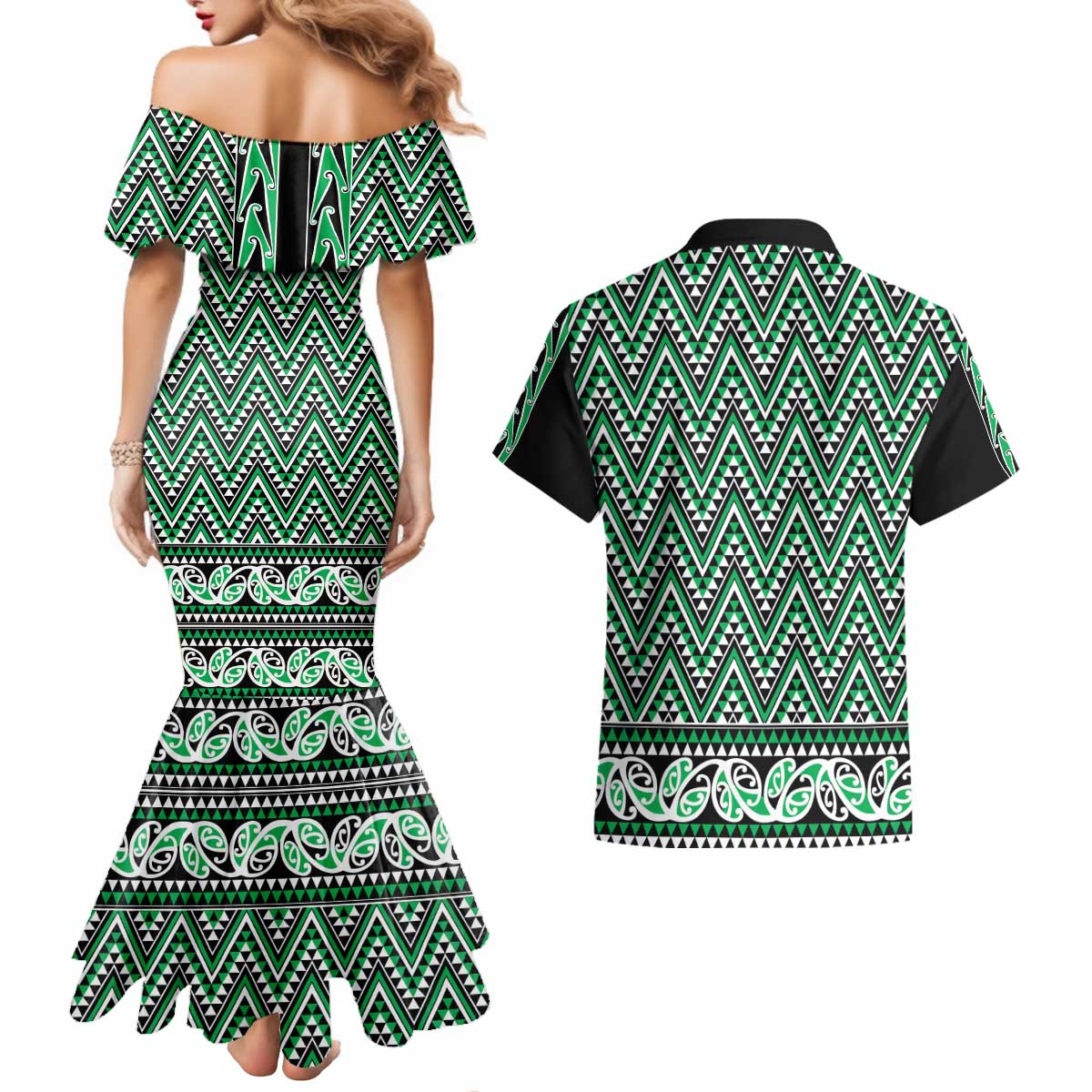 New Zealand Maori Niho Taniwha Couples Matching Mermaid Dress and Hawaiian Shirt Kakariki Mangopare and Puhoro Pattern