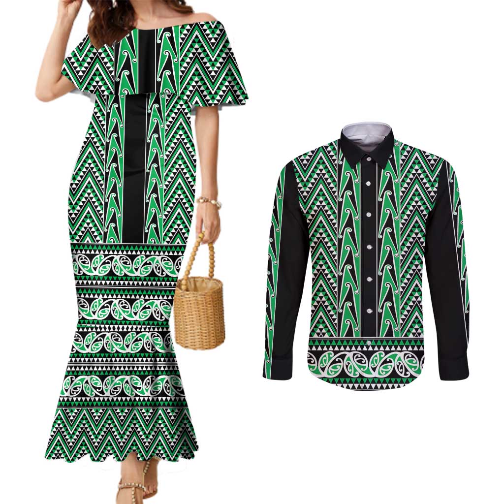 New Zealand Maori Niho Taniwha Couples Matching Mermaid Dress and Long Sleeve Button Shirt Kakariki Mangopare and Puhoro Pattern
