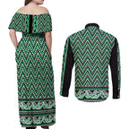 New Zealand Maori Niho Taniwha Couples Matching Off Shoulder Maxi Dress and Long Sleeve Button Shirt Kakariki Mangopare and Puhoro Pattern