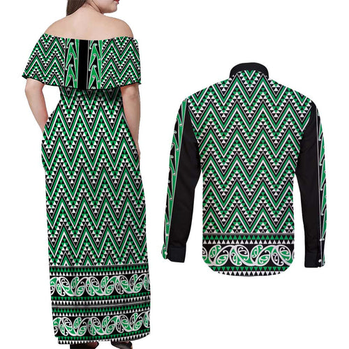 New Zealand Maori Niho Taniwha Couples Matching Off Shoulder Maxi Dress and Long Sleeve Button Shirt Kakariki Mangopare and Puhoro Pattern