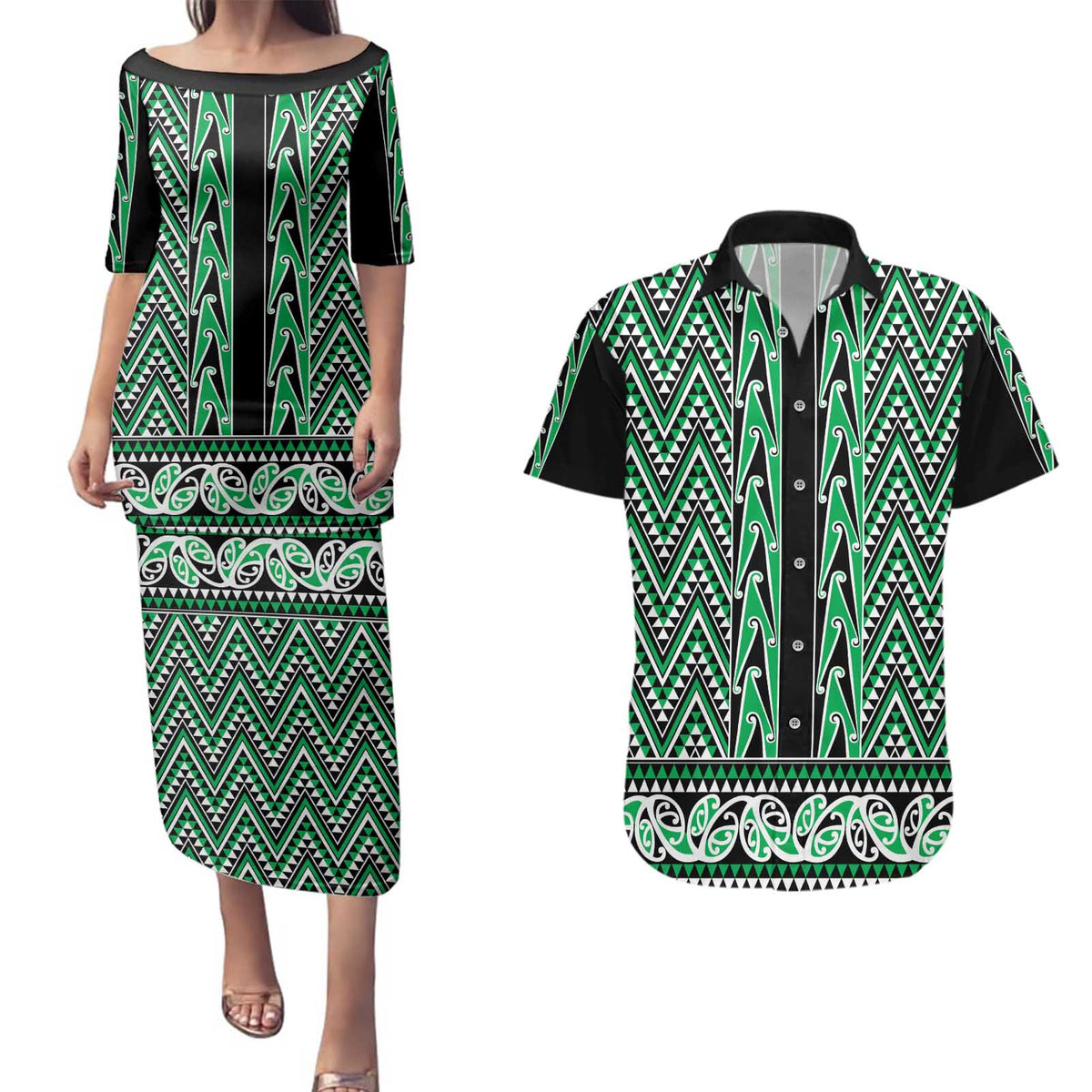New Zealand Maori Niho Taniwha Couples Matching Puletasi and Hawaiian Shirt Kakariki Mangopare and Puhoro Pattern