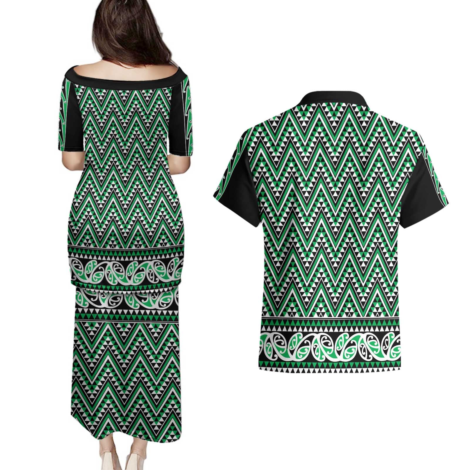 New Zealand Maori Niho Taniwha Couples Matching Puletasi and Hawaiian Shirt Kakariki Mangopare and Puhoro Pattern