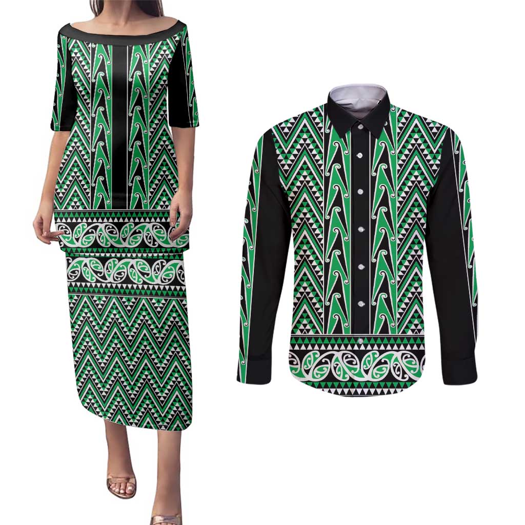 New Zealand Maori Niho Taniwha Couples Matching Puletasi and Long Sleeve Button Shirt Kakariki Mangopare and Puhoro Pattern