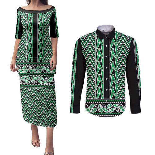 New Zealand Maori Niho Taniwha Couples Matching Puletasi and Long Sleeve Button Shirt Kakariki Mangopare and Puhoro Pattern