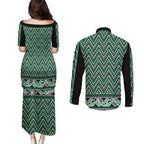 New Zealand Maori Niho Taniwha Couples Matching Puletasi and Long Sleeve Button Shirt Kakariki Mangopare and Puhoro Pattern