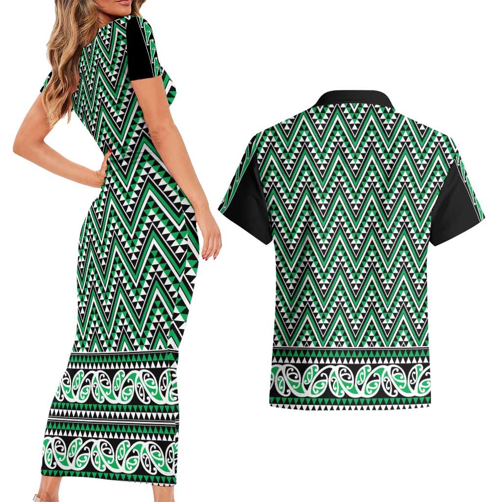 New Zealand Maori Niho Taniwha Couples Matching Short Sleeve Bodycon Dress and Hawaiian Shirt Kakariki Mangopare and Puhoro Pattern