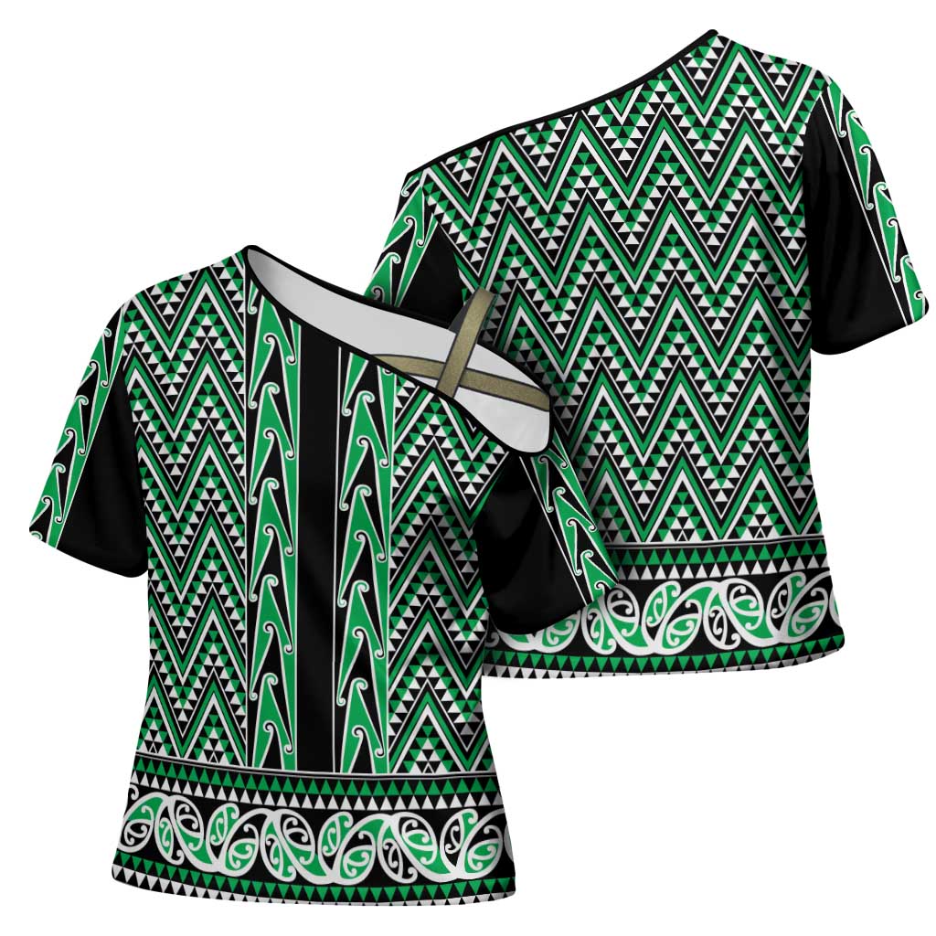 New Zealand Maori Niho Taniwha Cross Shoulder Shirt Kakariki Mangopare and Puhoro Pattern - Aussie Hoodie