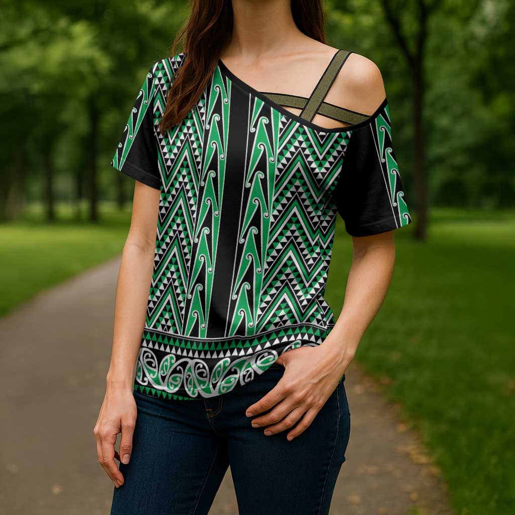 New Zealand Maori Niho Taniwha Cross Shoulder Shirt Kakariki Mangopare and Puhoro Pattern - Aussie Hoodie