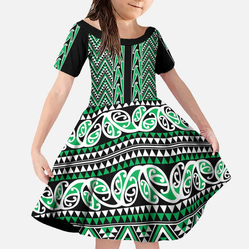 New Zealand Maori Niho Taniwha Family Matching Off The Shoulder Long Sleeve Dress and Hawaiian Shirt Kakariki Mangopare and Puhoro Pattern