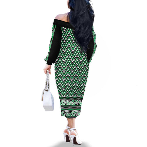 New Zealand Maori Niho Taniwha Family Matching Off The Shoulder Long Sleeve Dress and Hawaiian Shirt Kakariki Mangopare and Puhoro Pattern