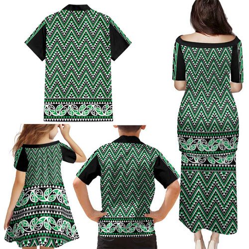 New Zealand Maori Niho Taniwha Family Matching Puletasi and Hawaiian Shirt Kakariki Mangopare and Puhoro Pattern