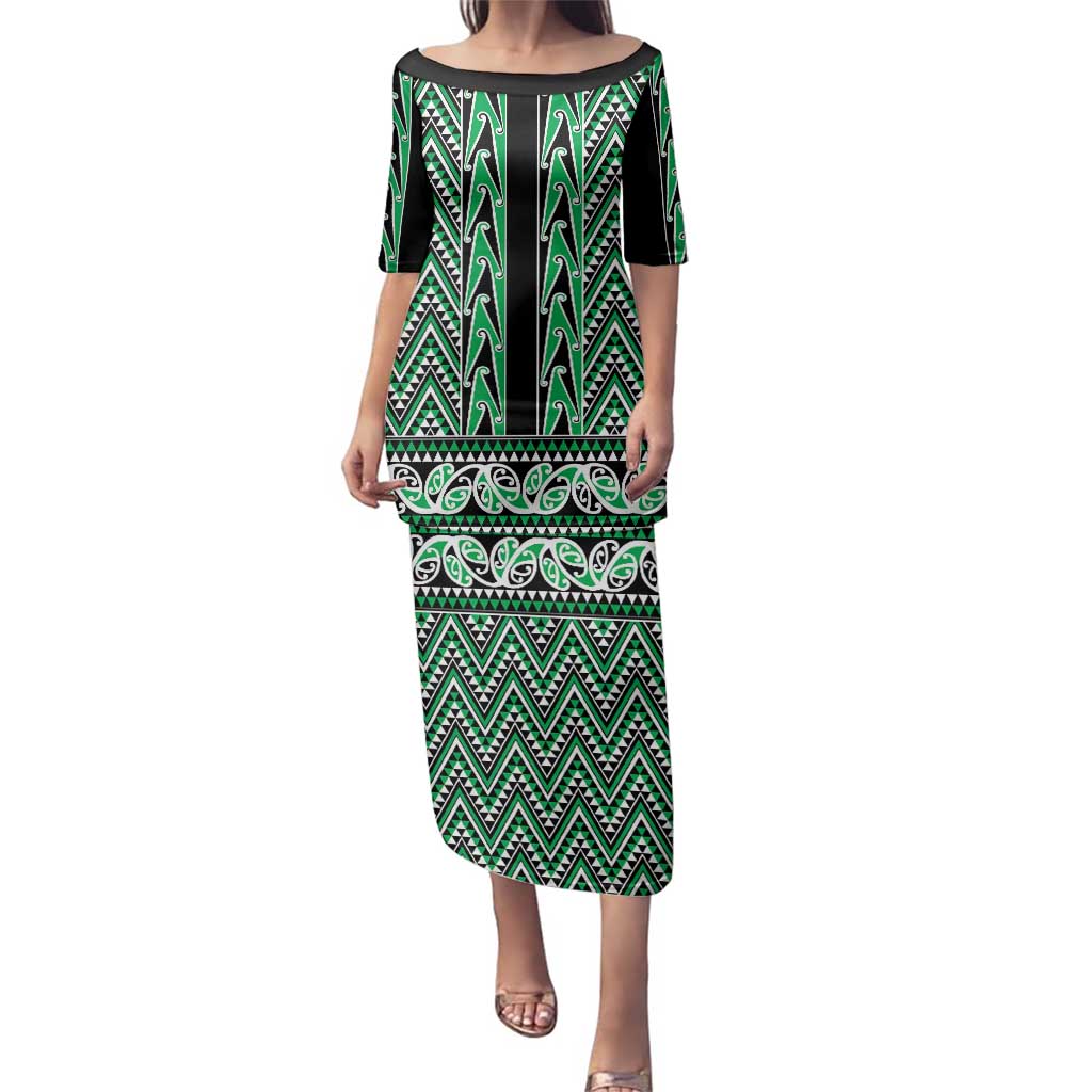 New Zealand Maori Niho Taniwha Family Matching Puletasi and Hawaiian Shirt Kakariki Mangopare and Puhoro Pattern