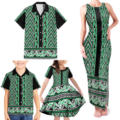 New Zealand Maori Niho Taniwha Family Matching Tank Maxi Dress and Hawaiian Shirt Kakariki Mangopare and Puhoro Pattern